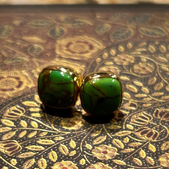 🛍️🎇☘️🌕🎁18K Gold Copper Slime Brat Green Genuine Turquoise Stone Earrings - Picture 5 of 5